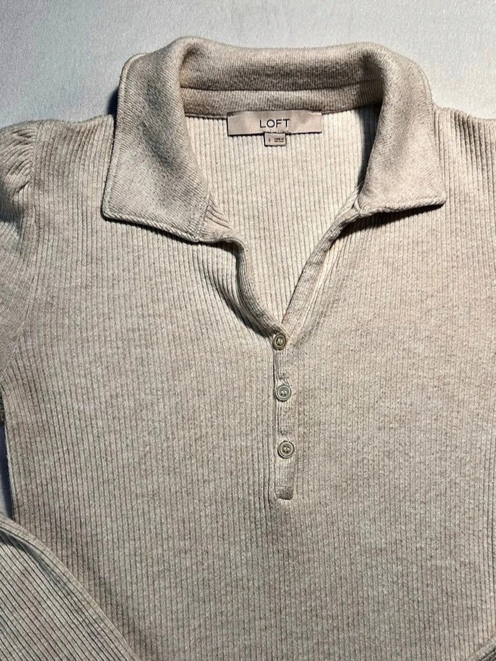 LOFT Oatmeal Cream Ribbed Knit Henley Polo Sweater Top Academia Preppy Softgirl - Picture 5 of 11